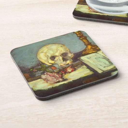 Still Life w Skull, Candle, Book by Paul Cezanne Getränkeuntersetzer (Linke Seite)