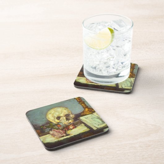 Still Life w Skull, Candle, Book by Paul Cezanne Getränkeuntersetzer (Rechte Seite)