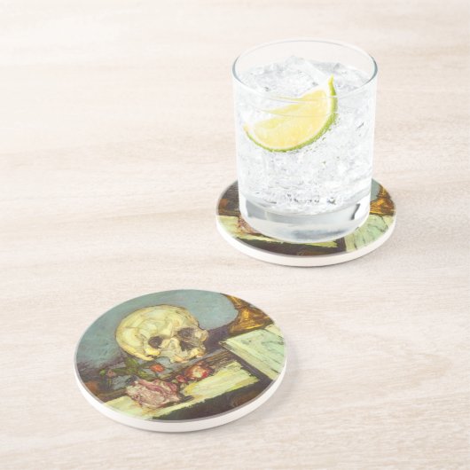 Still Life w Skull, Candle, Book by Paul Cezanne Getränkeuntersetzer (Seite)