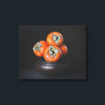 Still Life with Persimmons on Black Background Leinwanddruck<br><div class="desc">This elegant oil painting features a cluster of vibrant, ripe persimmons piled in a dark ceramic bowl. The composition is set against a deep black background, utilizing a classic chiaroscuro technique to emphasize the rich orange hues and smooth texture of the fruit. The dried green leaves provide a delicate organic...</div>