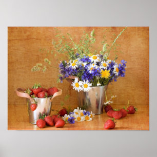 Still life with strawberries and wild flowers poster