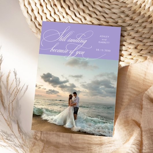 Still Smiling Elegant Wedding Photo Lilac Dankeskarte