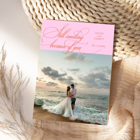 Still Smiling Elegant Wedding Photo Orange Pink Dankeskarte