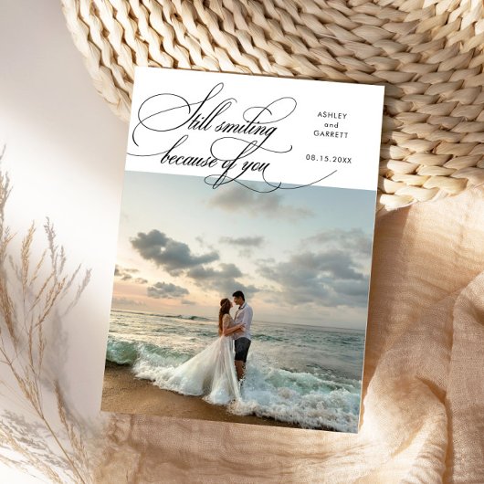 Still Smiling Elegant Wedding Photo White Dankeskarte