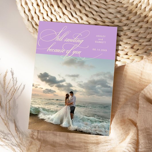 Still Smiling Elegant Wedding Photo Wisteria Dankeskarte