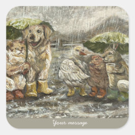 Still Together Whimsical Farmhouse Animals Rainy  Quadratischer Aufkleber