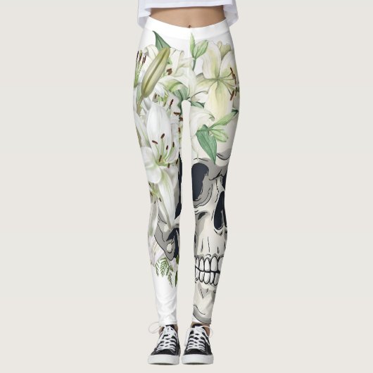 Stille Blüte: Schädel und weiße Lilien Leggings (Vorderseite)