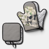 Stille Blüte: Schädel und weiße Lilien Ofenhandschuh & Topflappen-Set (Vorderseite/Rückseite)