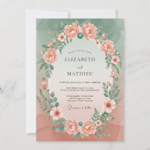 Stille Hochzeit mit Korallen-Mint-Kranz Einladung