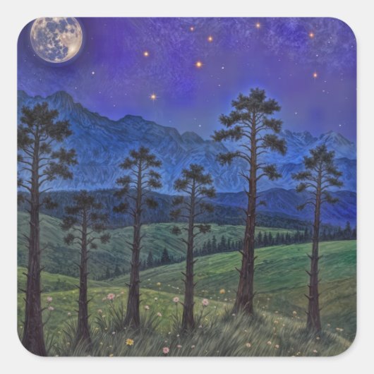 Stille Kiefern, kosmischer Tanz - Eine Waldlandsch Quadratischer Aufkleber (Vorderseite)