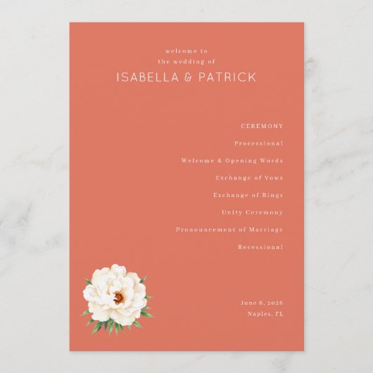 Stille Korallen-Blumen-Hochzeitszeremonie-Plan Programm (Vorderseite)