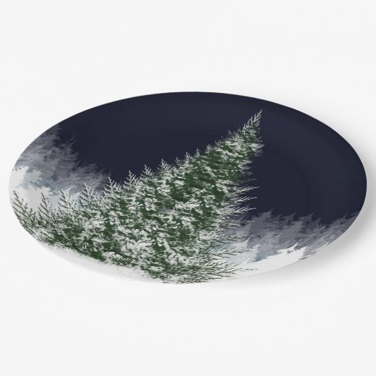 Stille Nacht Schnee bedeckt Weihnachtsbaum Urlaub Pappteller (Schrägansicht)