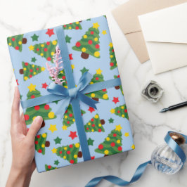 Stille Nacht Weihnachtsbäume & Sterne Licht blau Geschenkpapier