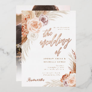 Stille Rosen-Pampas-Terrakotta-Boho-Foto-Hochzeit Folieneinladung