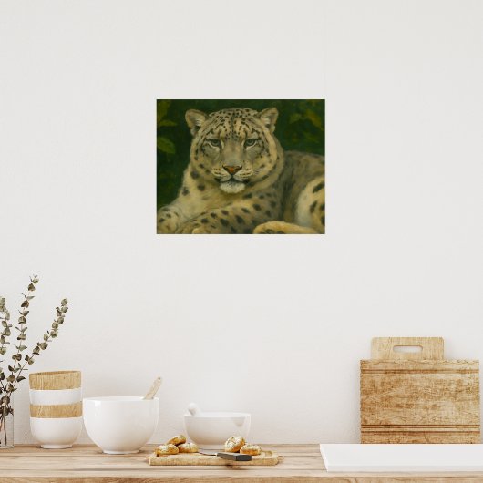 Stille Uhr - Schneeleopard im Waldlicht Poster (Küche)