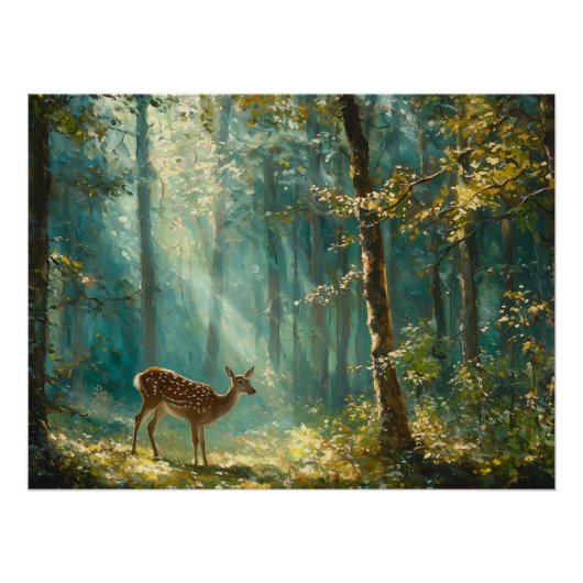 Stille Waldreinigung mit Hirschweide Poster (Vorderseite)