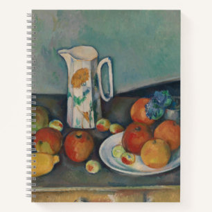 Stilleben, Milchkännchen und Obst auf einem Tisch, Notizblock