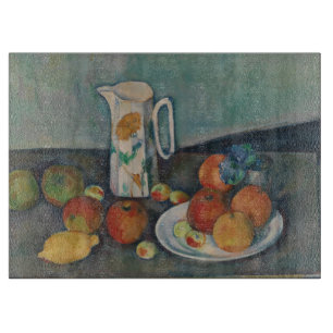 Stilleben, Milchkännchen und Obst auf einem Tisch, Schneidebrett