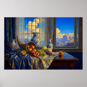 Stilleben mit blauem Fenster und entfernten Gipfel Poster
