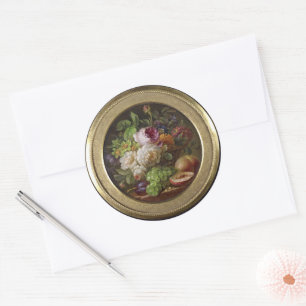 Stilleben mit Blumen und Früchten, feine Kunst, Kl Runder Aufkleber