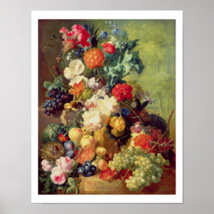 Stilleben mit Blumen und Früchten Poster