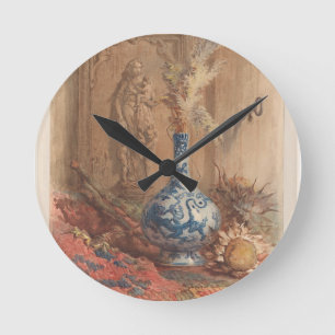 Stilleben mit einer chinesischen Vase und getrockn Runde Wanduhr