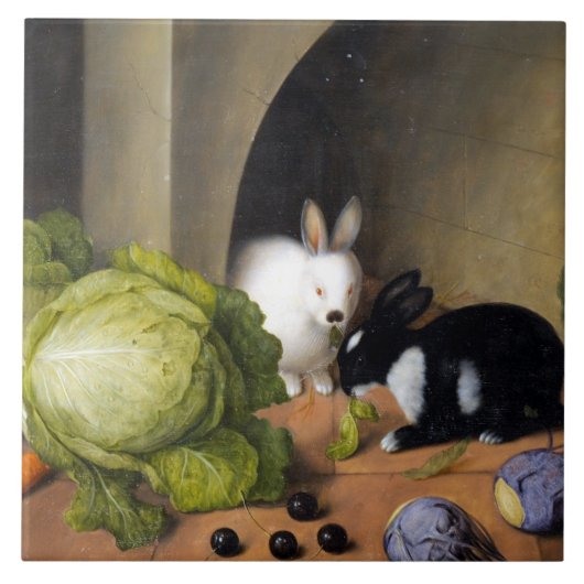 Stilleben mit Hase und Gemüse Fliese (Vorderseite)