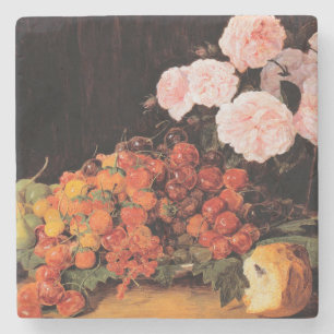 Stilleben mit Rosen, Erdbeeren und Brot Steinuntersetzer