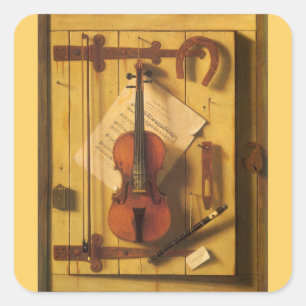 Stilleben Violine und Musik von William Harnett Quadratischer Aufkleber