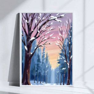 Stiller Schneefall Winterwald Aquarellmalerei Poster