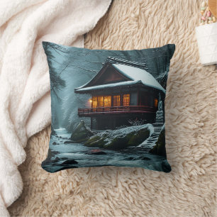 Stiller Winter: Stiller Tempel am Winterfluss Kissen