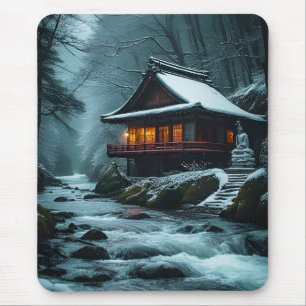 Stiller Winter: Stiller Tempel am Winterfluss Mousepad