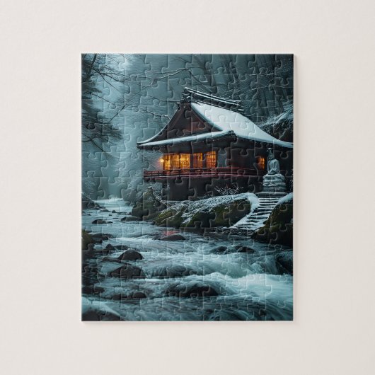Stiller Winter: Stiller Tempel am Winterfluss Puzzle (Vertikal)