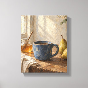 Stilles Frühstück mit einem blauen Cup Rustikale S Leinwanddruck