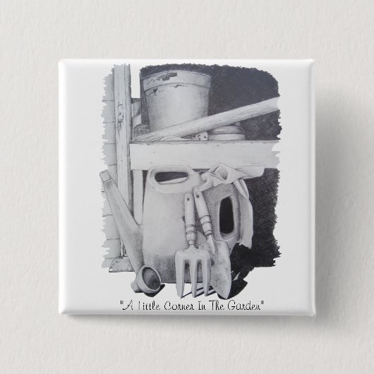 Stilles Leben zeichnend Gartenwerkzeuge für Gärtne Button (Vorderseite)