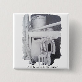 Stilles Leben zeichnend Gartenwerkzeuge für Gärtne Button