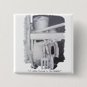 Stilles Leben zeichnend Gartenwerkzeuge für Gärtne Button