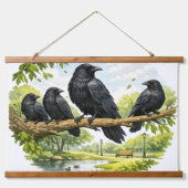 Stilles Versammeln – Krähen auf einem Parkzweig Wandteppich Mit Holzrahmen (Vorne)