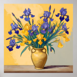 Stilleven met Gele en Blauwe Irissen in een Gouden Poster
