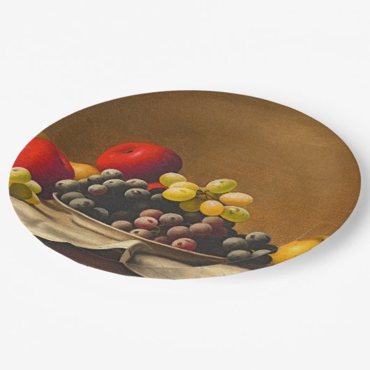 Stillleben, Äpfel, Trauben, Obst Pappteller (Schrägansicht)