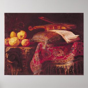 Stillleben der Frucht und der Musikinstrumente Poster