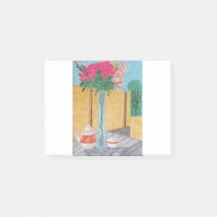 Stillleben. Die Vase mit Blume, eine Teekanne und Post-it Klebezettel