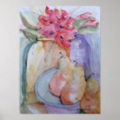 Stillleben Glasflaschen und Birnen in einer Platte Poster (Vorne)