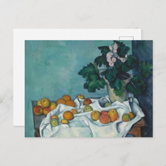 Stillleben mit Äpfeln und einem Pot von Primrosen: Postkarte (Vorne/Hinten)