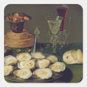 Stillleben mit Austern und Brillen (Öl auf Tafel) Quadratischer Aufkleber