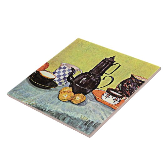 Stillleben mit blauem Enamel-Coffeepot Fliese (Seite)