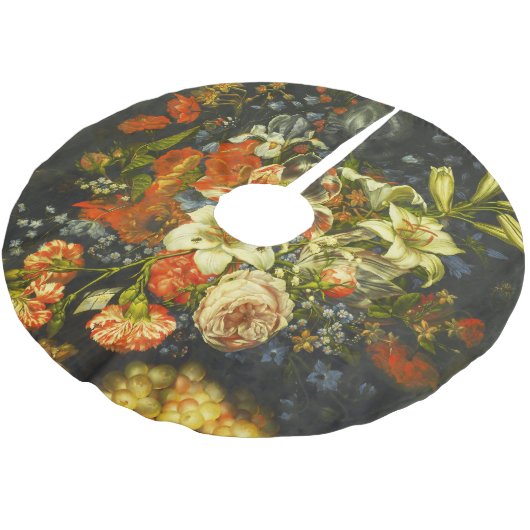 Stillleben mit Blume und Obst Polyester Weihnachtsbaumdecke (Schrägansicht)