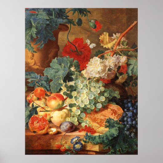 Stillleben mit Blume und Obst Poster (Vorne)