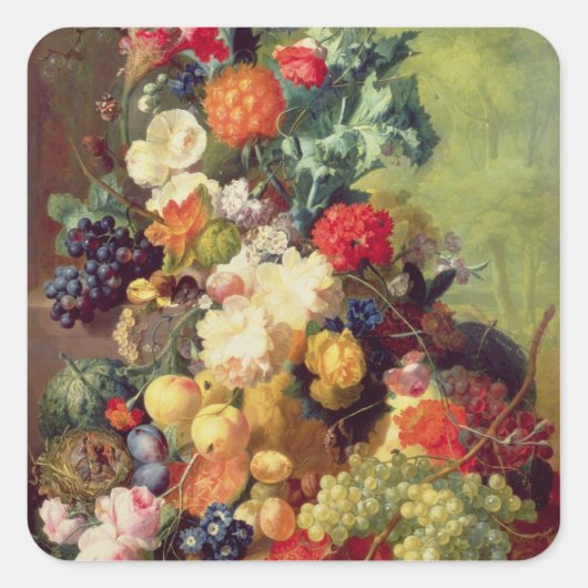 Stillleben mit Blume und Obst Quadratischer Aufkleber (Vorderseite)