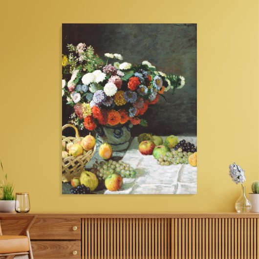 Stillleben mit Blume und Obst von Claude Monet Leinwanddruck (Insitu (Wohnzimmer))